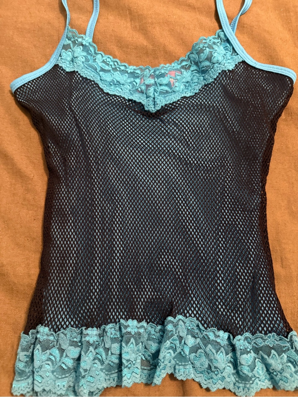 Lace-Trim Mesh Cami Tank Top in Teal and Black